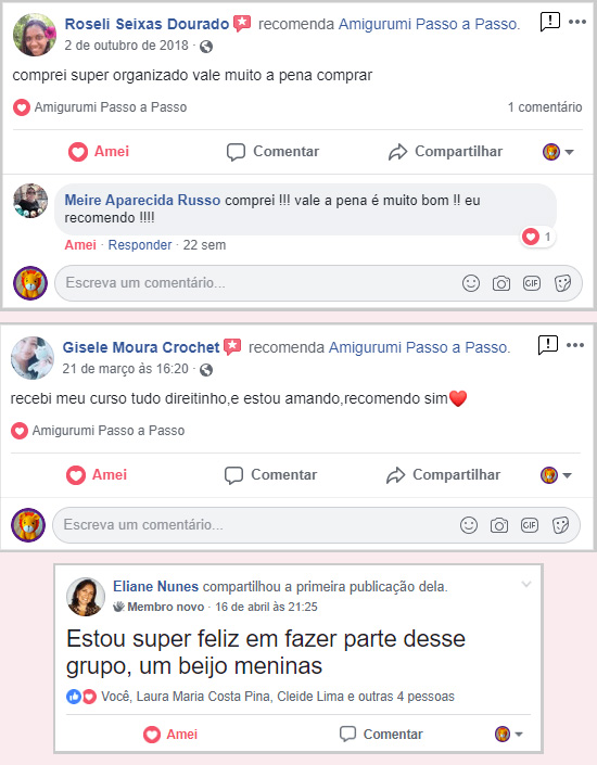 Comentários no Facebook elogiando o curso "Dinheiro com Crochê"